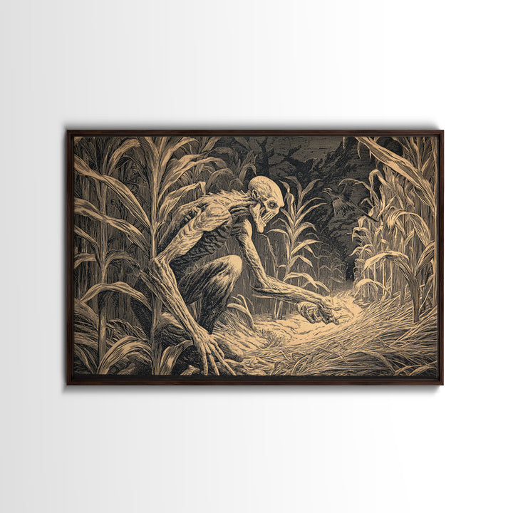 The Cornfield Crawler, Architectural Etching Art, Landscape Wall Art, Dark Fantasy Wall Art, Framed Canvas Print