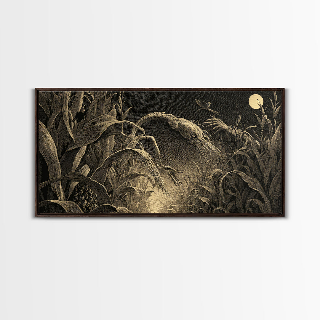 The Cornfield Crawler, Expressionist Nightmare Art, Wide Panoramic Art, Dark Fantasy Wall Art, Canvas Print, Halloween Wall Art