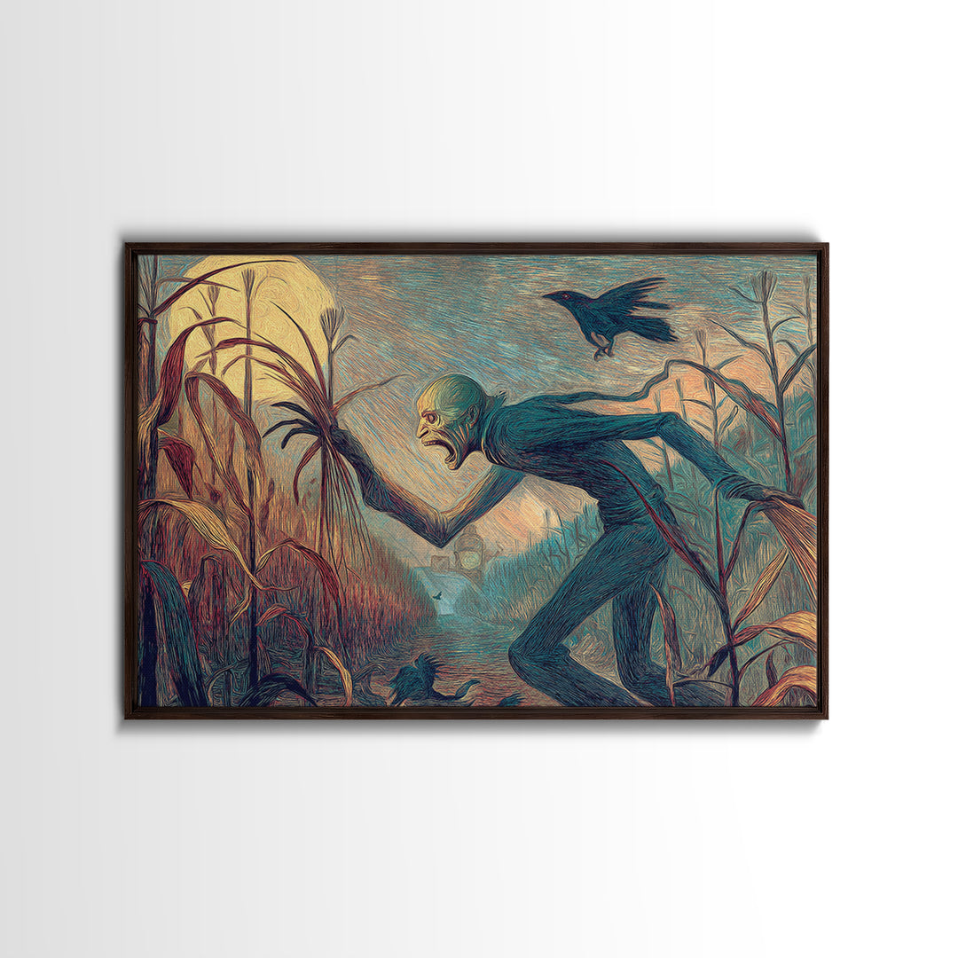 The Cornfield Crawler, Expressionist Gothic Art, Landscape Wall Art, Gothic Horror Wall Art, Framed Canvas Print, Halloween Wall Art