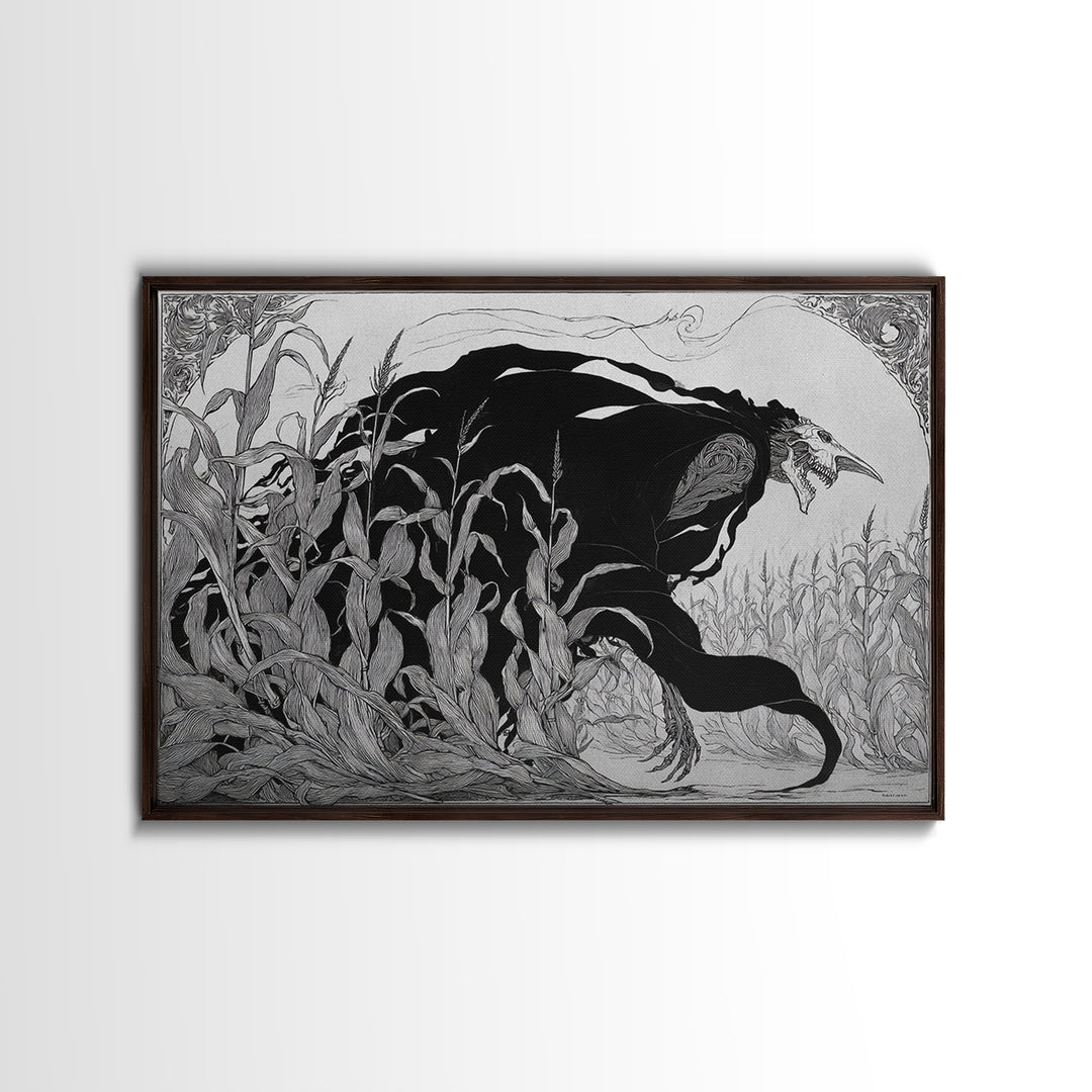 The Cornfield Crawler, Decadent Line Art, Landscape Wall Art, Dark Halloween Decor, Canvas Print, Halloween Wall Art
