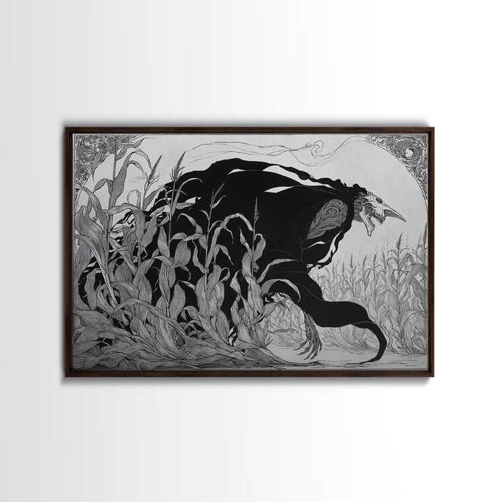 The Cornfield Crawler, Decadent Line Art, Landscape Wall Art, Dark Halloween Decor, Canvas Print, Halloween Wall Art