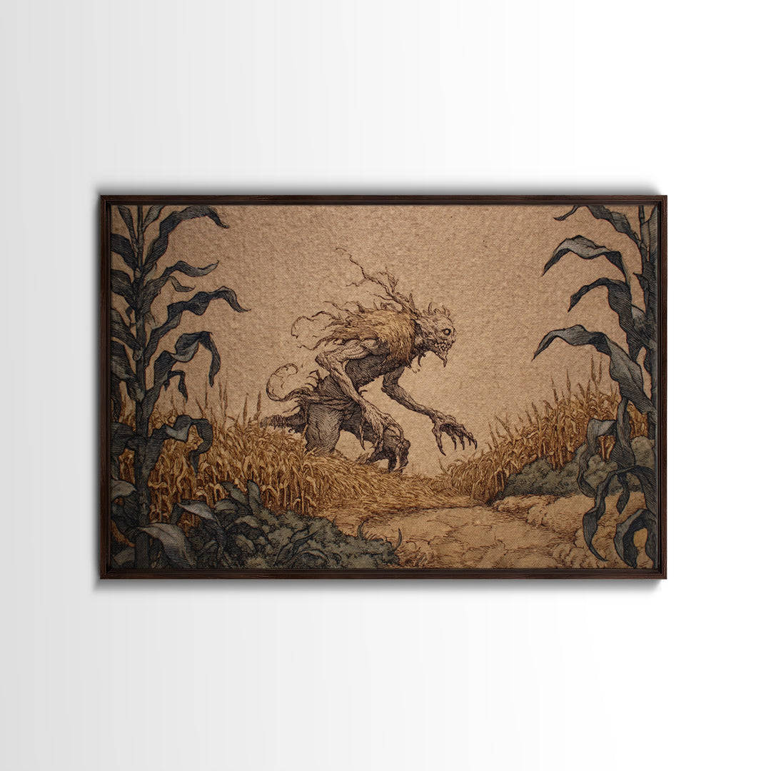The Cornfield Crawler, Gothic Storybook Art, Landscape Wall Art, Dark Halloween Decor, Canvas Print, Halloween Wall Art