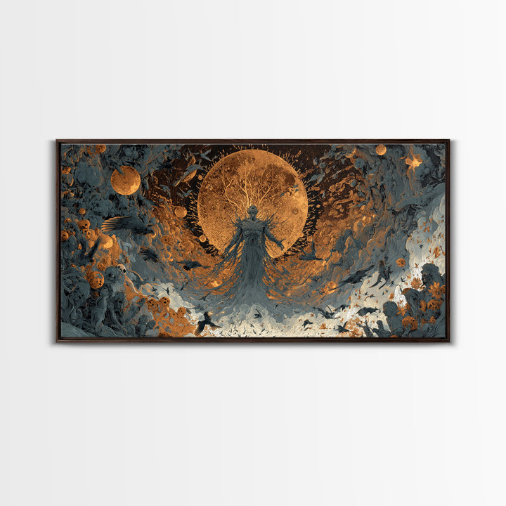 The Harvest Demon, Apocalyptic Romantic Art, Wide Panoramic Art, Macabre Wall Art, Framed Canvas Print, Halloween Wall Art