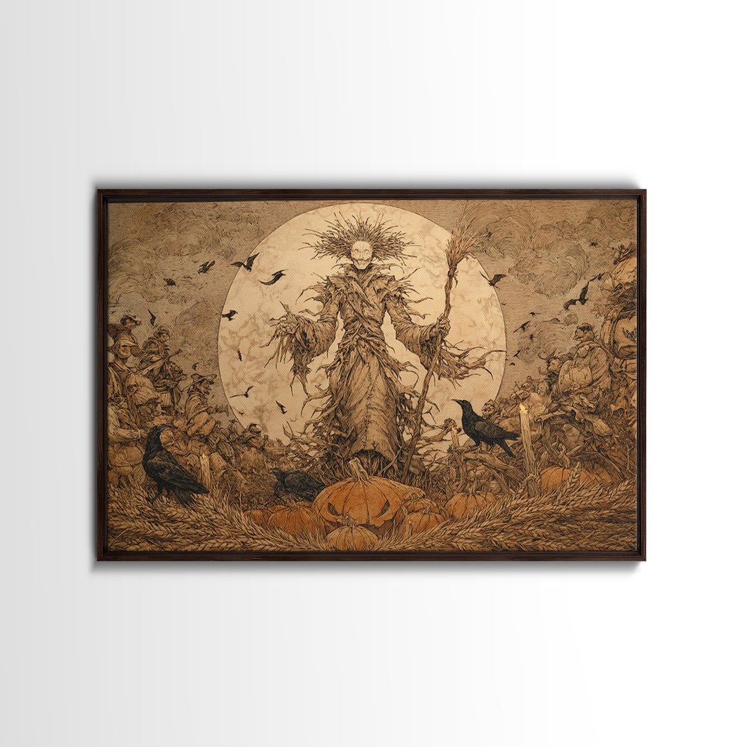 The Harvest Demon, Gothic Storybook Art, Landscape Wall Art, Dark Halloween Decor, Framed Canvas Print, Halloween Wall Art