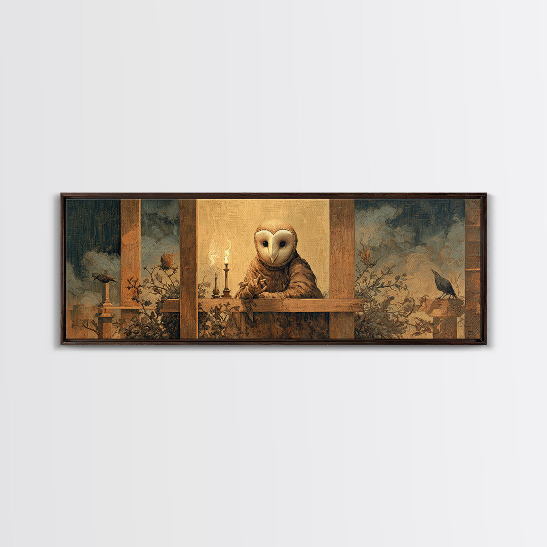 The Owl-Faced Omen, Medieval Grotesque Art, Extra Wide Wall Art, Dark Halloween Decor, Canvas Print, Halloween Wall Art