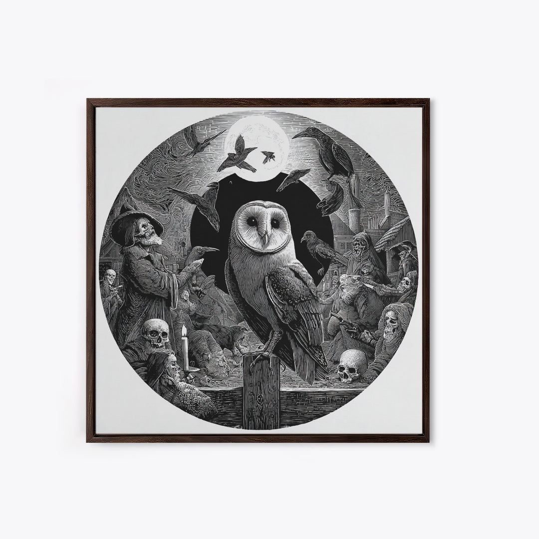 The Owl-Faced Omen, Danse Macabre Art, Square Wall Art, Macabre Wall Art, Framed Canvas Print, Halloween Wall Art