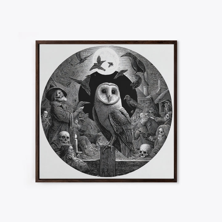 The Owl-Faced Omen, Danse Macabre Art, Square Wall Art, Macabre Wall Art, Framed Canvas Print, Halloween Wall Art