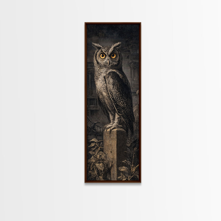 The Owl-Faced Omen, Architectural Etching Art, Tall Narrow Wall Art, Dark Fantasy Wall Art, Canvas Print, Halloween Wall Art