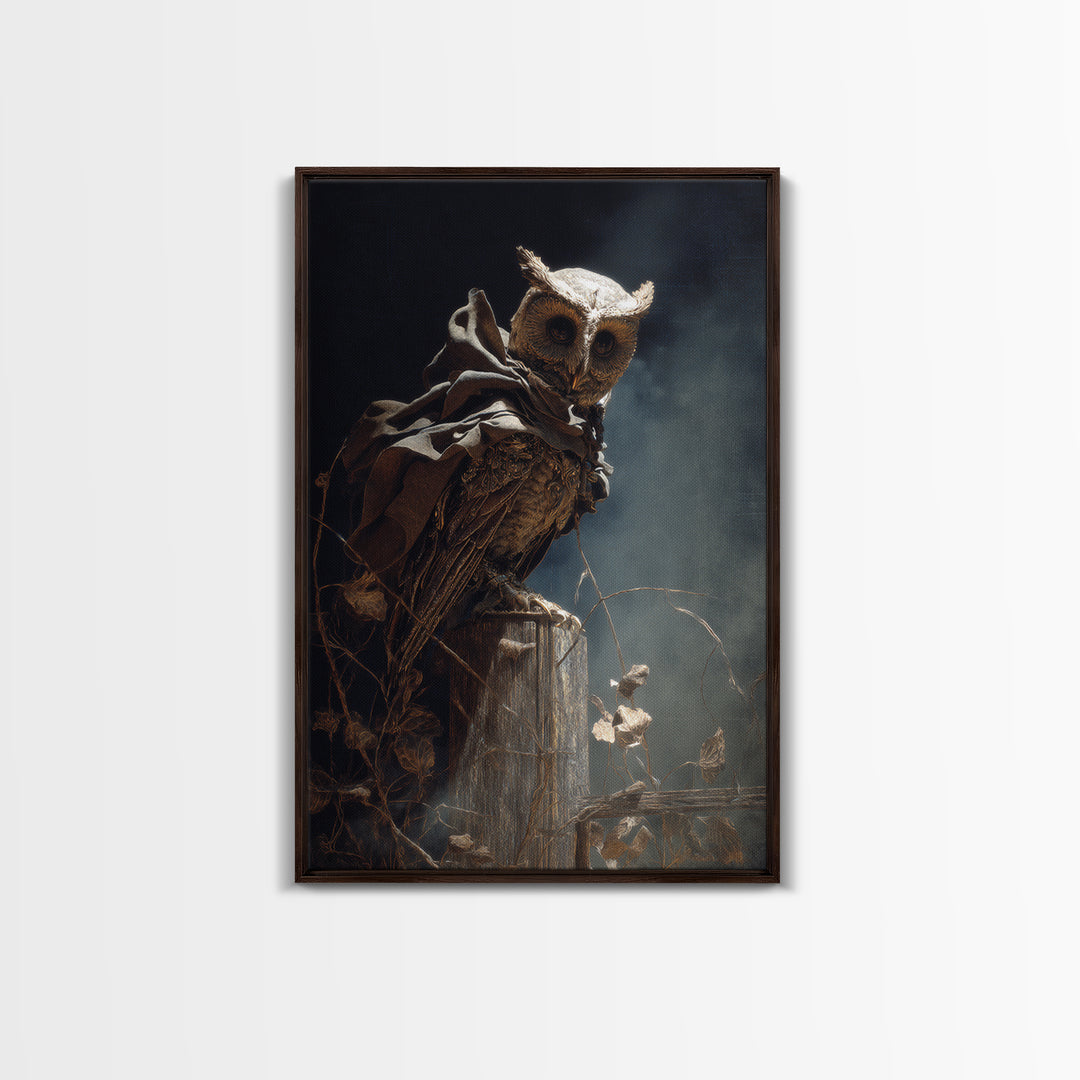 The Owl-Faced Omen, Ornate Symbolist Art, Vertical Wall Art, Macabre Wall Art, Canvas Print, Halloween Wall Art, Horror Wall Art