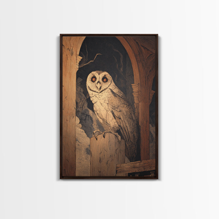 The Owl-Faced Omen, Symbolist Etching Art, Vertical Wall Art, Gothic Horror Wall Art, Canvas Print, Halloween Wall Art, Gothic Home Decor