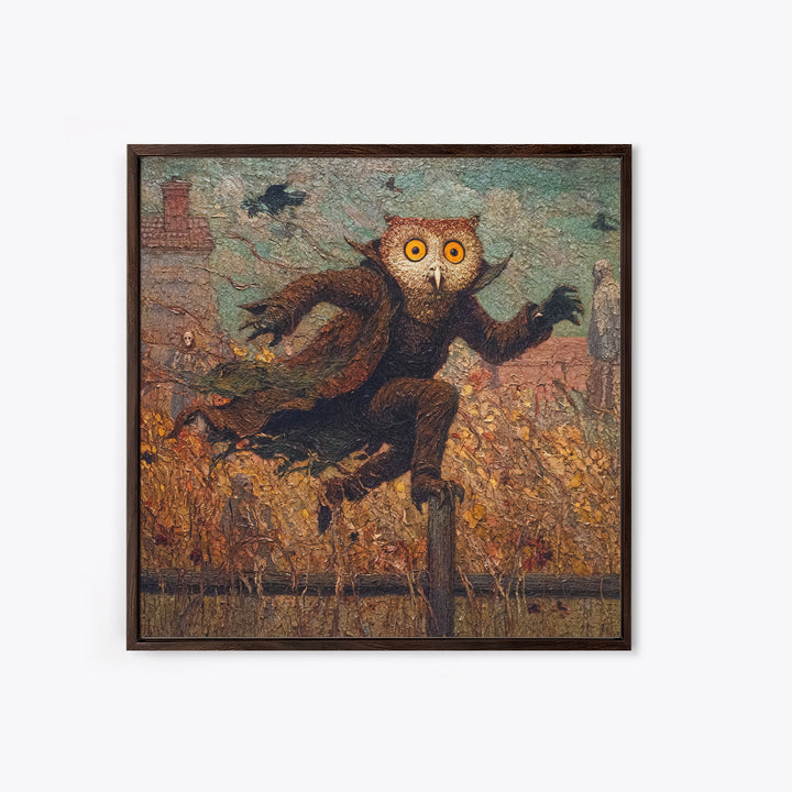 The Owl-Faced Omen, Grotesque Carnival Art, Square Wall Art, Macabre Wall Art, Framed Canvas Print, Halloween Wall Art, Spooky Wall Decor