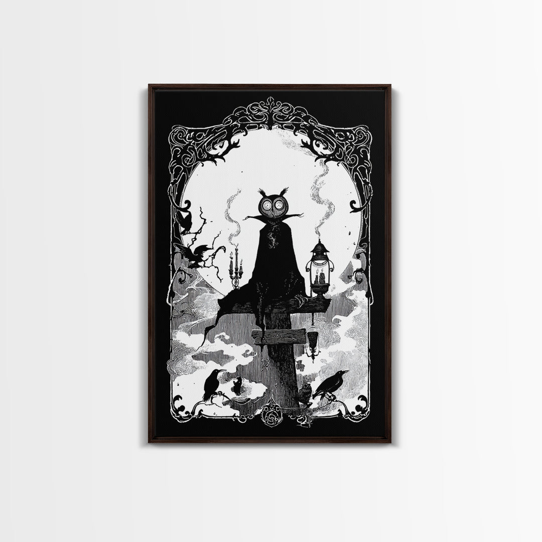 The Owl-Faced Omen, Decadent Line Art, Vertical Wall Art, Gothic Horror Wall Art, Canvas Print, Halloween Wall Art