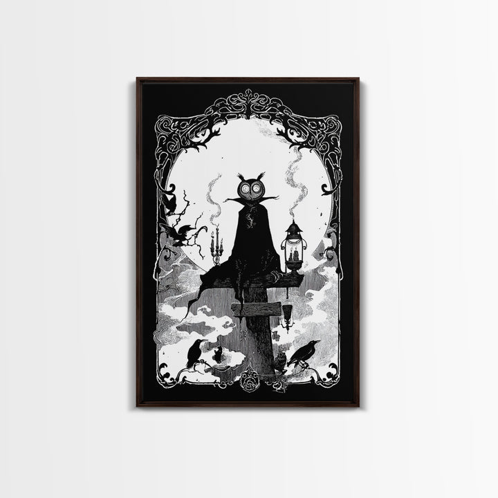 The Owl-Faced Omen, Decadent Line Art, Vertical Wall Art, Gothic Horror Wall Art, Canvas Print, Halloween Wall Art