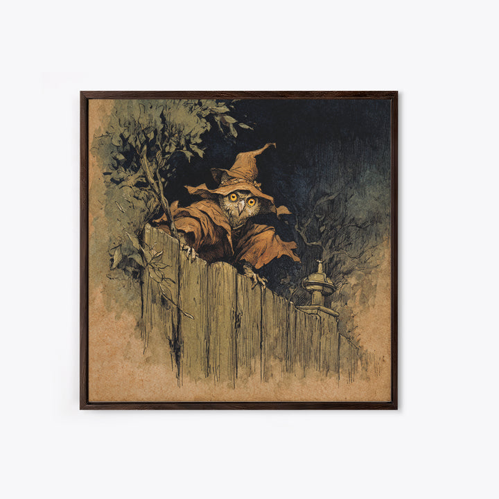 The Owl-Faced Omen, Gothic Storybook Art, Square Wall Art, Dark Halloween Decor, Framed Canvas Print, Halloween Wall Art