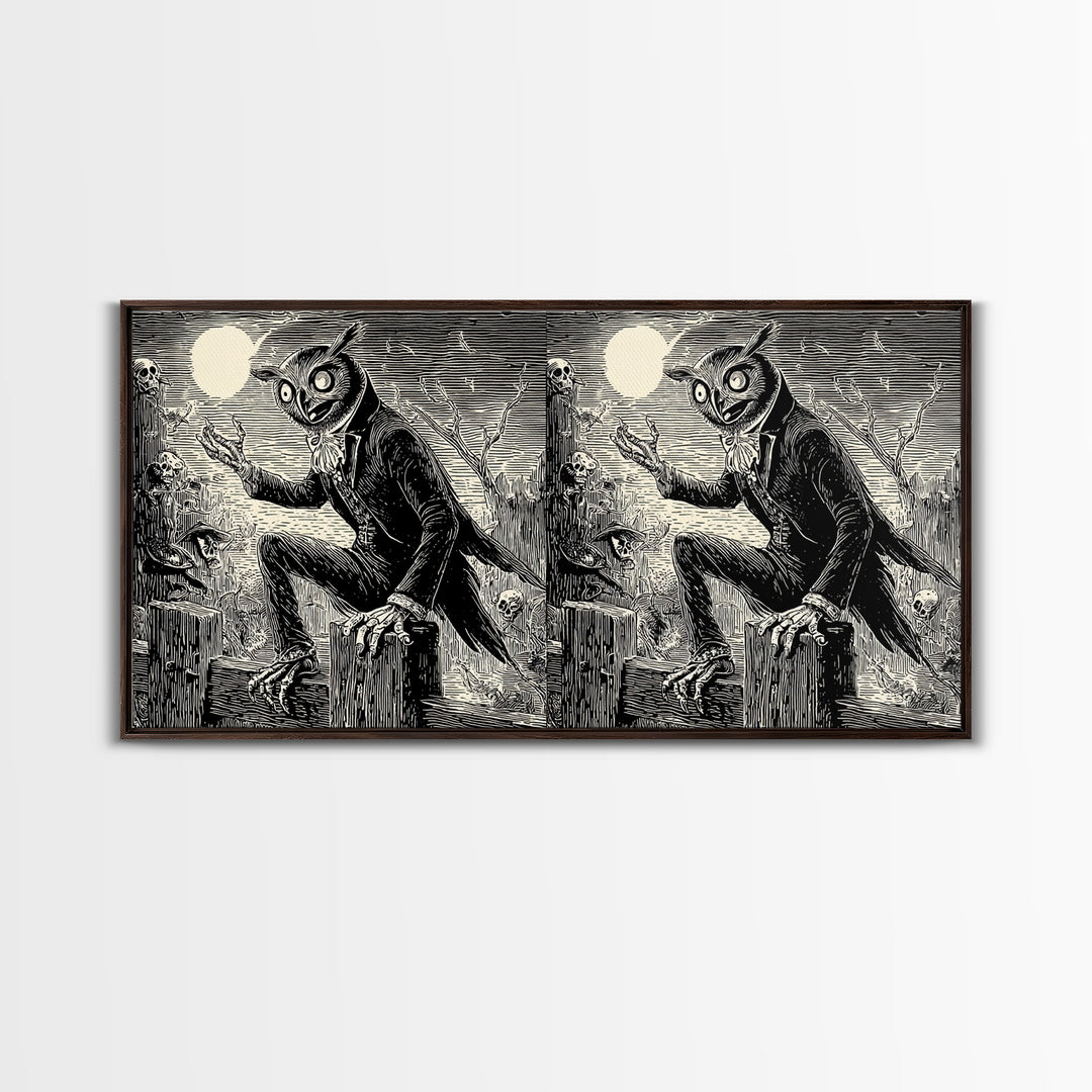 The Owl-Faced Omen, Macabre Folk Print Art, Wide Panoramic Art, Gothic Horror Wall Art, Canvas Print, Halloween Wall Art