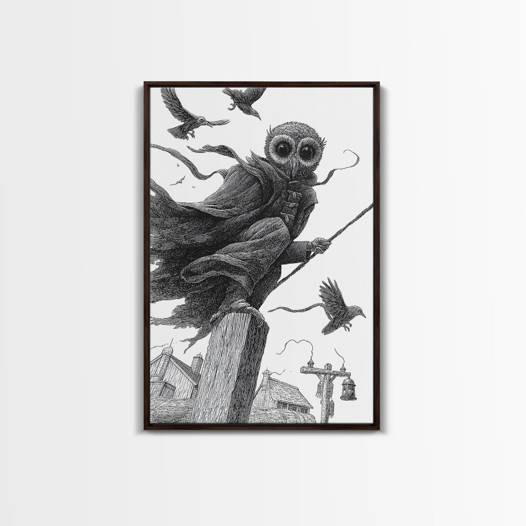 The Owl-Faced Omen, Victorian Macabre Art, Vertical Wall Art, Dark Halloween Decor, Framed Canvas Print, Halloween Wall Art