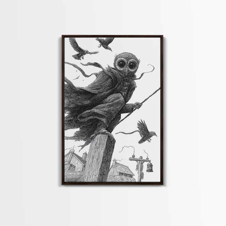 The Owl-Faced Omen, Victorian Macabre Art, Vertical Wall Art, Dark Halloween Decor, Framed Canvas Print, Halloween Wall Art