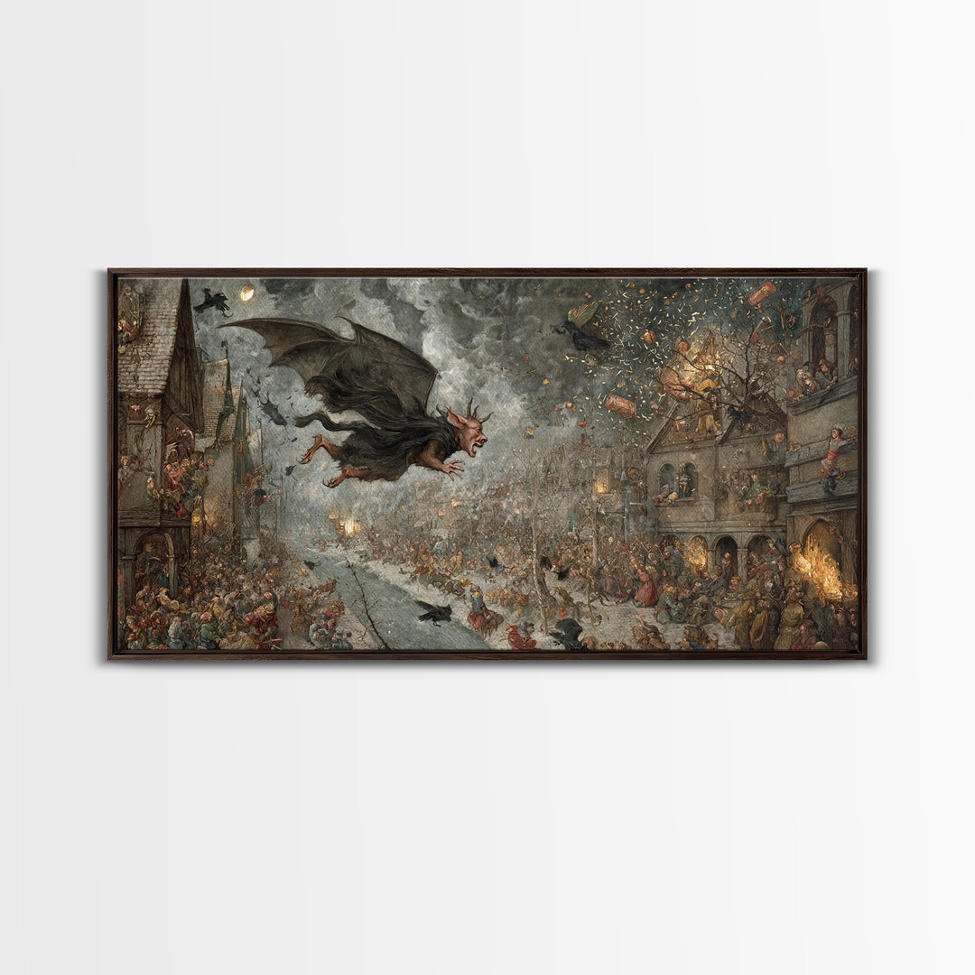 The Bat-Winged Imp, Northern Renaissance Horror, Wide Panoramic Art, Macabre Wall Art, Framed Canvas Print, Halloween Wall Art