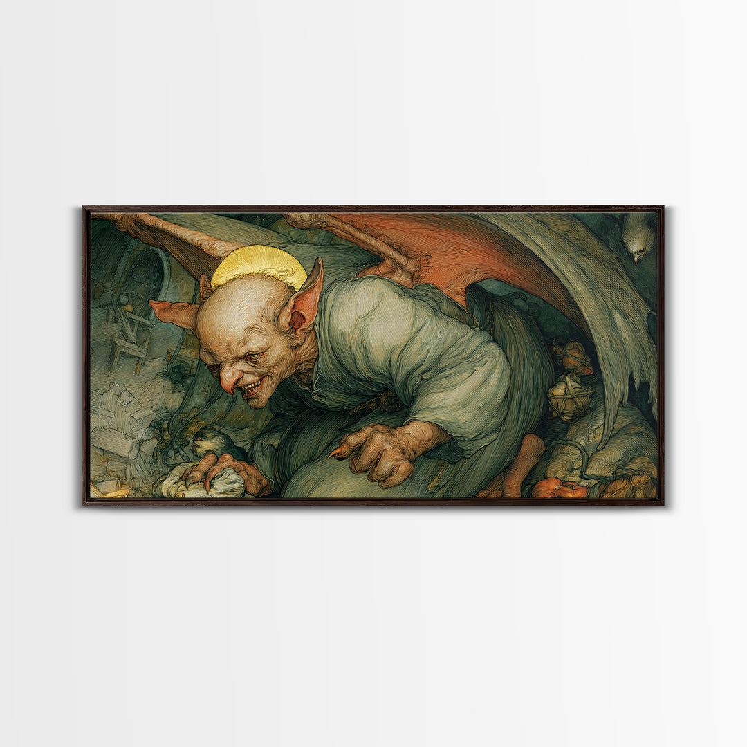 The Bat-Winged Imp, Dark Renaissance Art, Wide Panoramic Art, Macabre Wall Art, Canvas Print, Halloween Wall Art