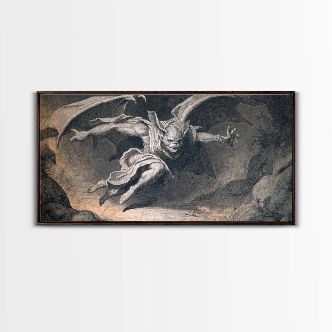 The Bat-Winged Imp, Gothic Nightmare Art, Wide Panoramic Art, Macabre Wall Art, Framed Canvas Print, Halloween Wall Art