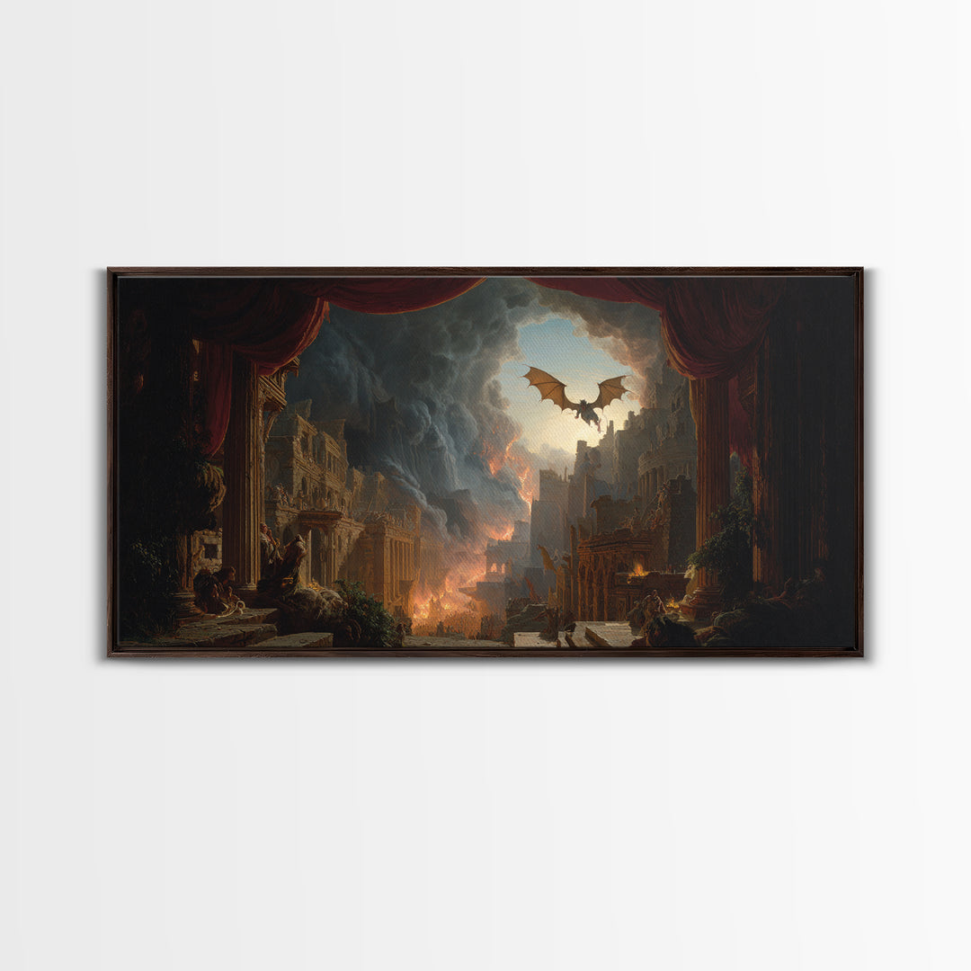 The Bat-Winged Imp, Apocalyptic Romantic Art, Wide Panoramic Art, Gothic Horror Wall Art, Framed Canvas Print, Halloween Wall Art
