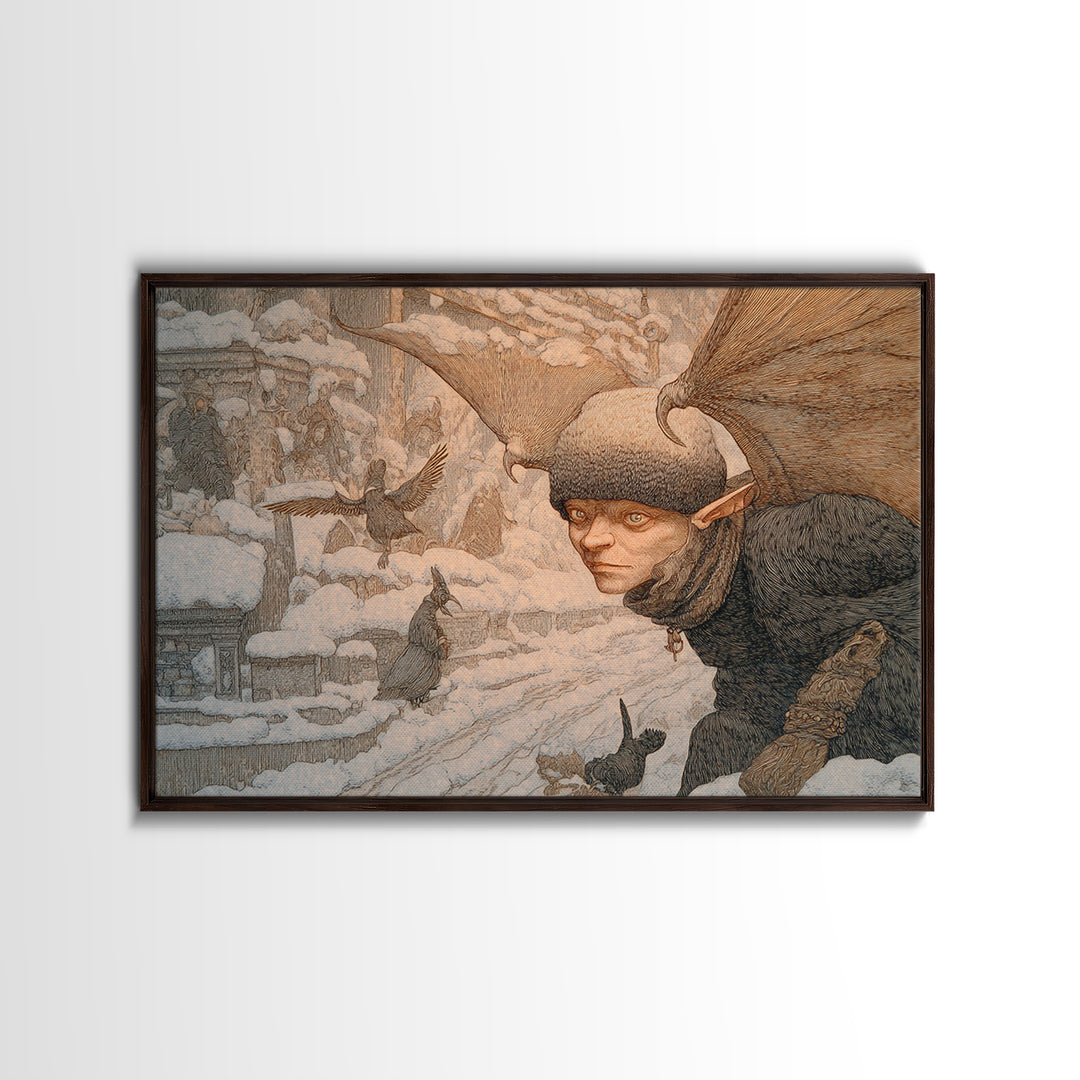 The Bat-Winged Imp, Symbolist Death Art, Landscape Wall Art, Dark Halloween Decor, Framed Canvas Print, Halloween Wall Art