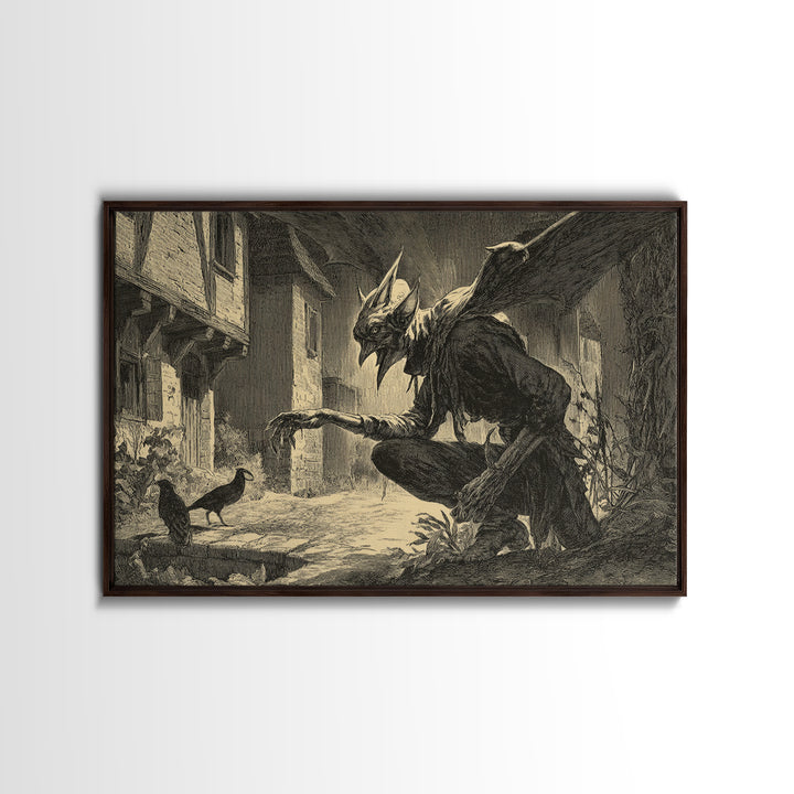 The Bat-Winged Imp, Symbolist Etching Art, Landscape Wall Art, Macabre Wall Art, Framed Canvas Print, Halloween Wall Art