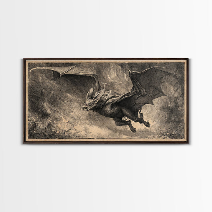 The Bat-Winged Imp, Expressionist Nightmare Art, Wide Panoramic Art, Dark Fantasy Wall Art, Framed Canvas Print, Halloween Wall Art