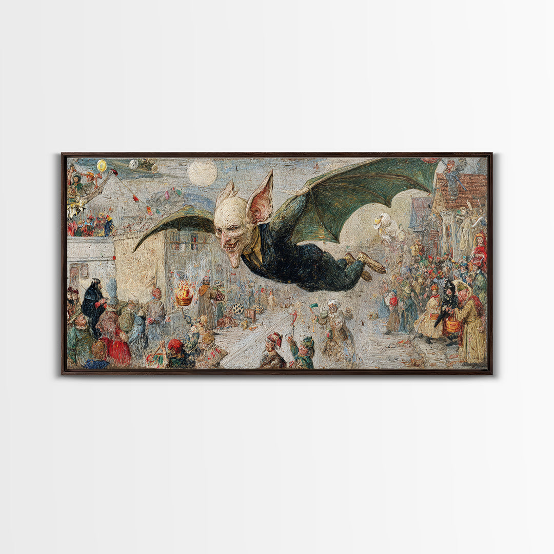 The Bat-Winged Imp, Grotesque Carnival Art, Wide Panoramic Art, Macabre Wall Art, Framed Canvas Print, Halloween Wall Art, Halloween Decor
