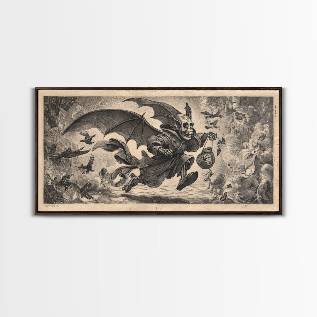 The Bat-Winged Imp, Macabre Folk Print Art, Wide Panoramic Art, Dark Halloween Decor, Framed Canvas Print, Halloween Wall Art