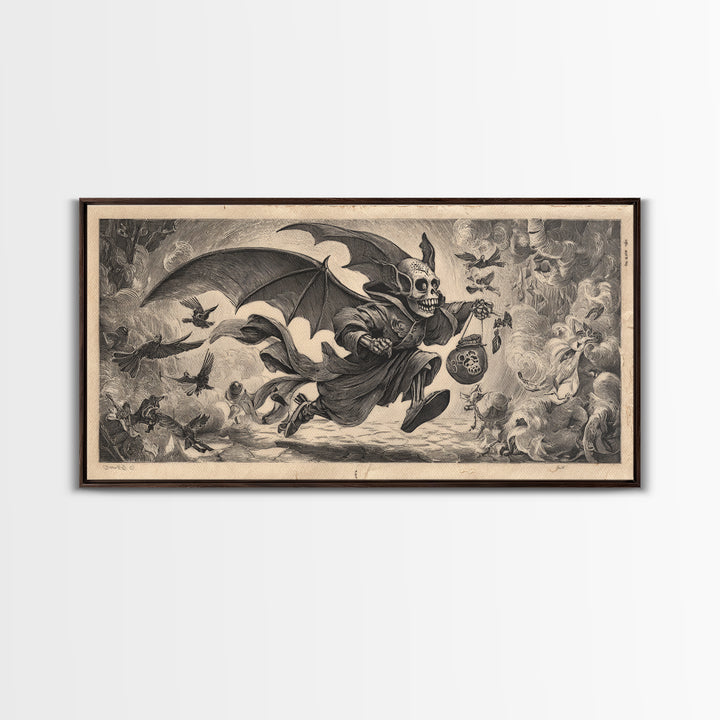 The Bat-Winged Imp, Macabre Folk Print Art, Wide Panoramic Art, Dark Halloween Decor, Framed Canvas Print, Halloween Wall Art