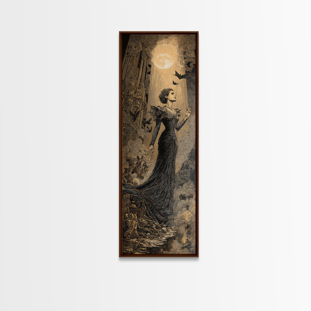 The Spider Queen, Gothic Engraving Art, Tall Narrow Wall Art, Dark Fantasy Wall Art, Framed Canvas Print, Halloween Wall Art