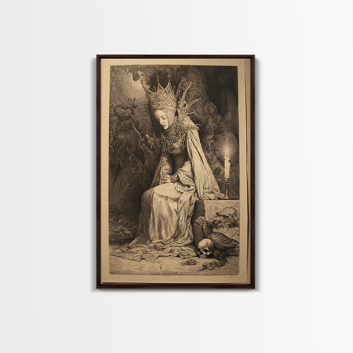 The Spider Queen, Renaissance Engraving Art, Vertical Wall Art, Dark Halloween Decor, Framed Canvas Print, Halloween Wall Art