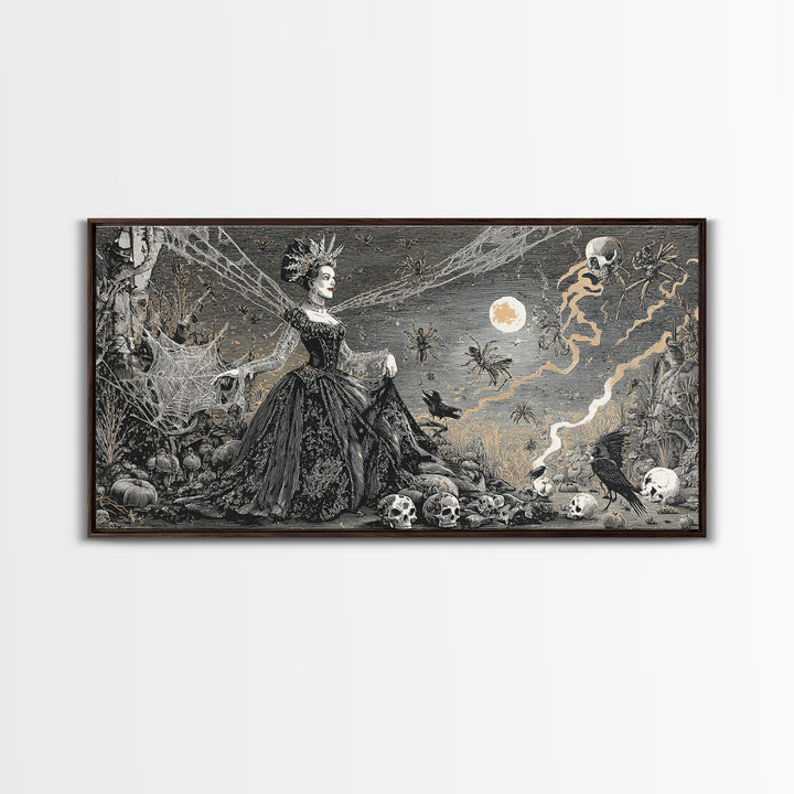 The Spider Queen, Macabre Folk Print Art, Wide Panoramic Art, Dark Halloween Decor, Canvas Print, Halloween Wall Art