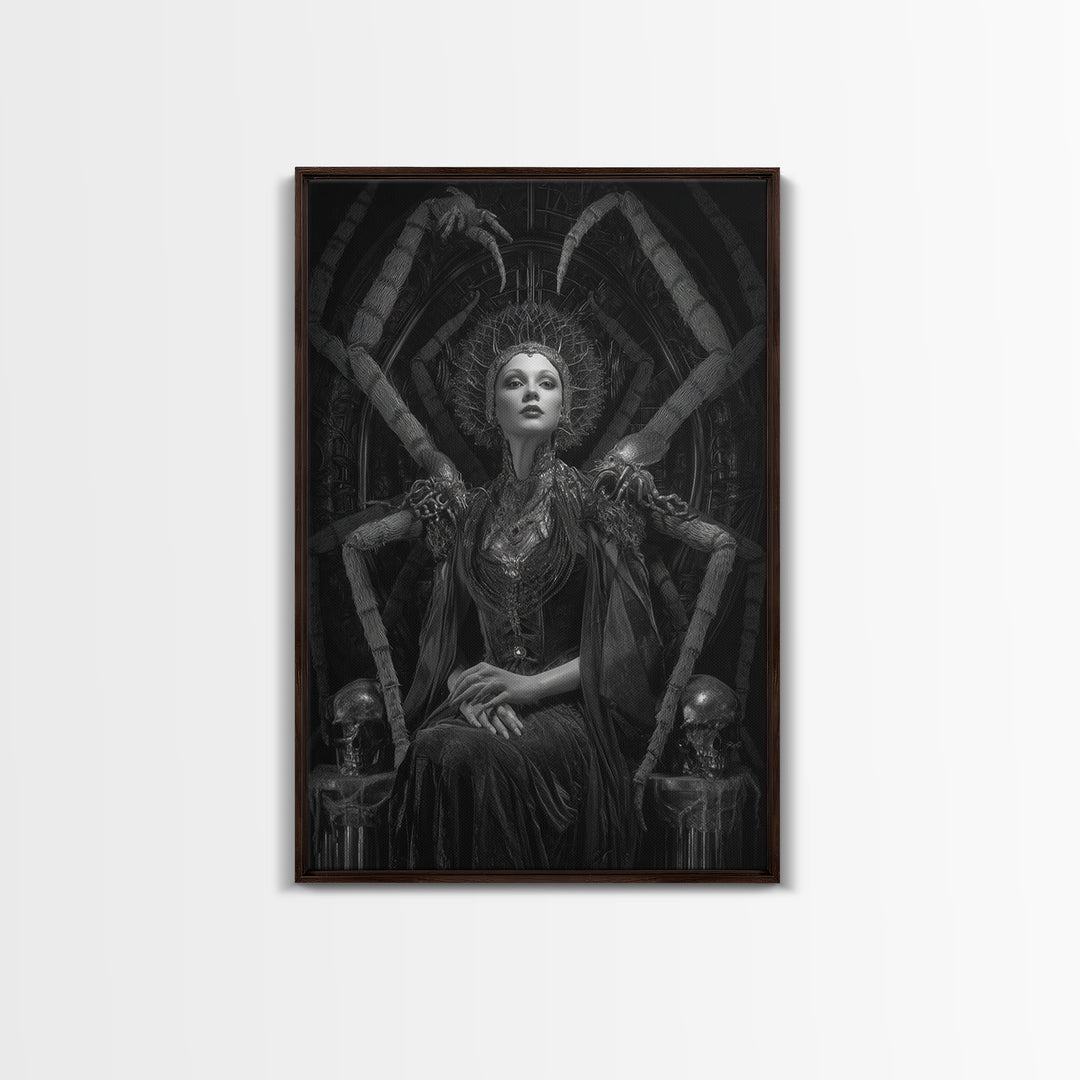 The Spider Queen, Biomechanical Horror Art, Vertical Wall Art, Dark Halloween Decor, Framed Canvas Print, Halloween Wall Art