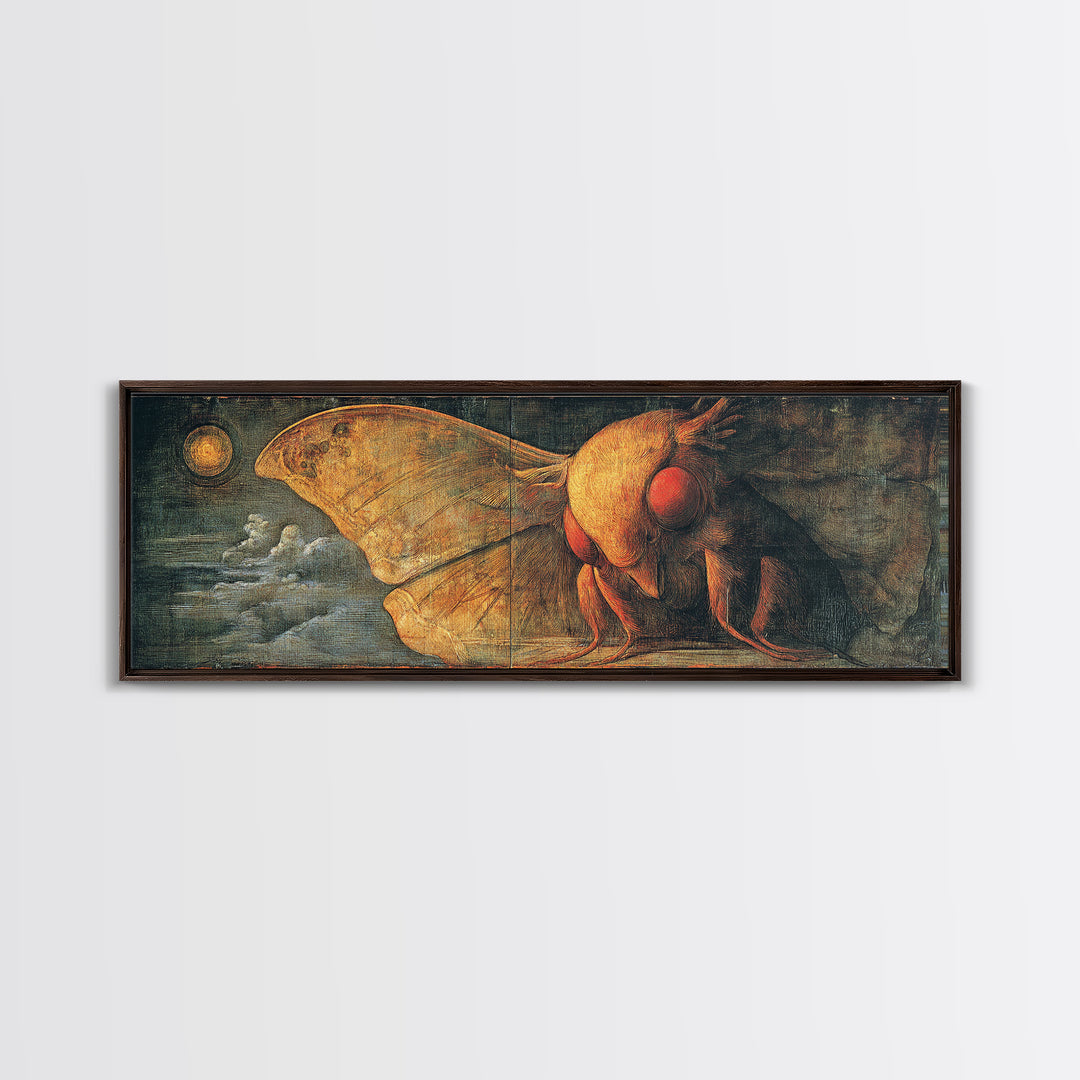 The Red-Eyed Moth Creature, Dark Renaissance Art, Extra Wide Wall Art, Dark Fantasy Wall Art, Canvas Print, Halloween Wall Art