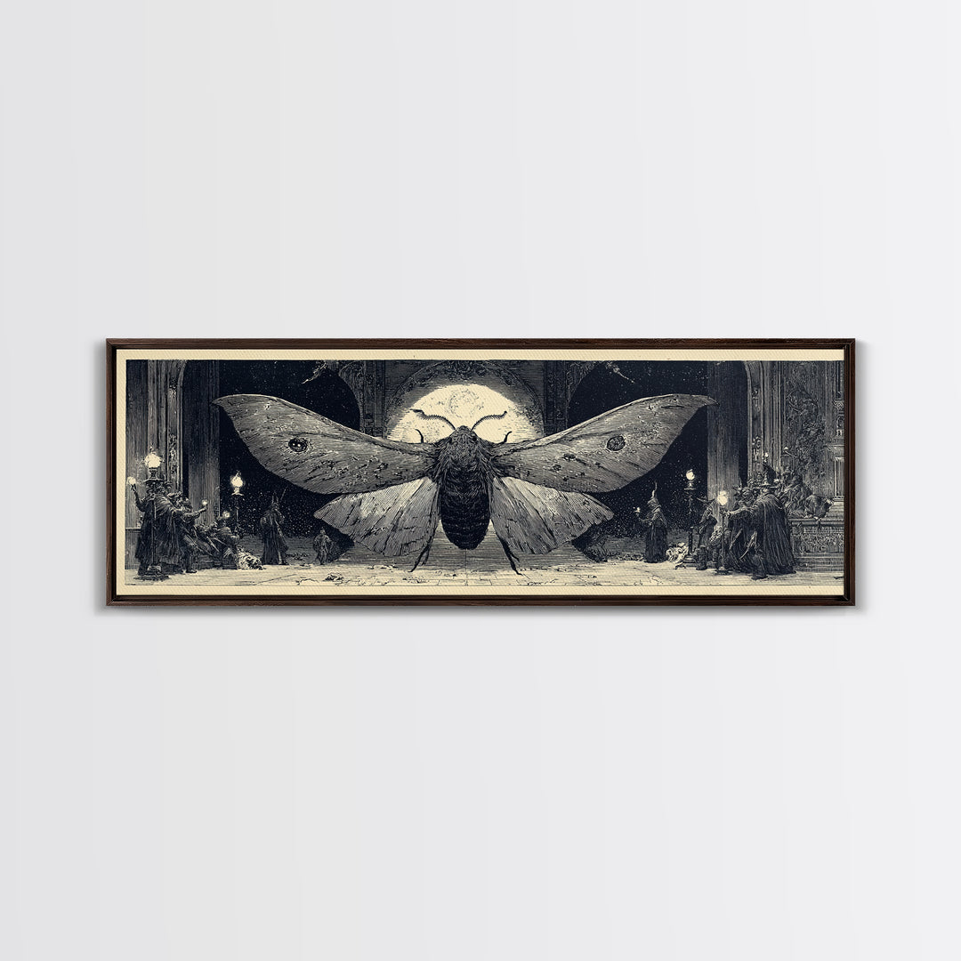 The Red-Eyed Moth Creature, Renaissance Engraving Art, Extra Wide Wall Art, Dark Halloween Decor, Canvas Print, Halloween Wall Art