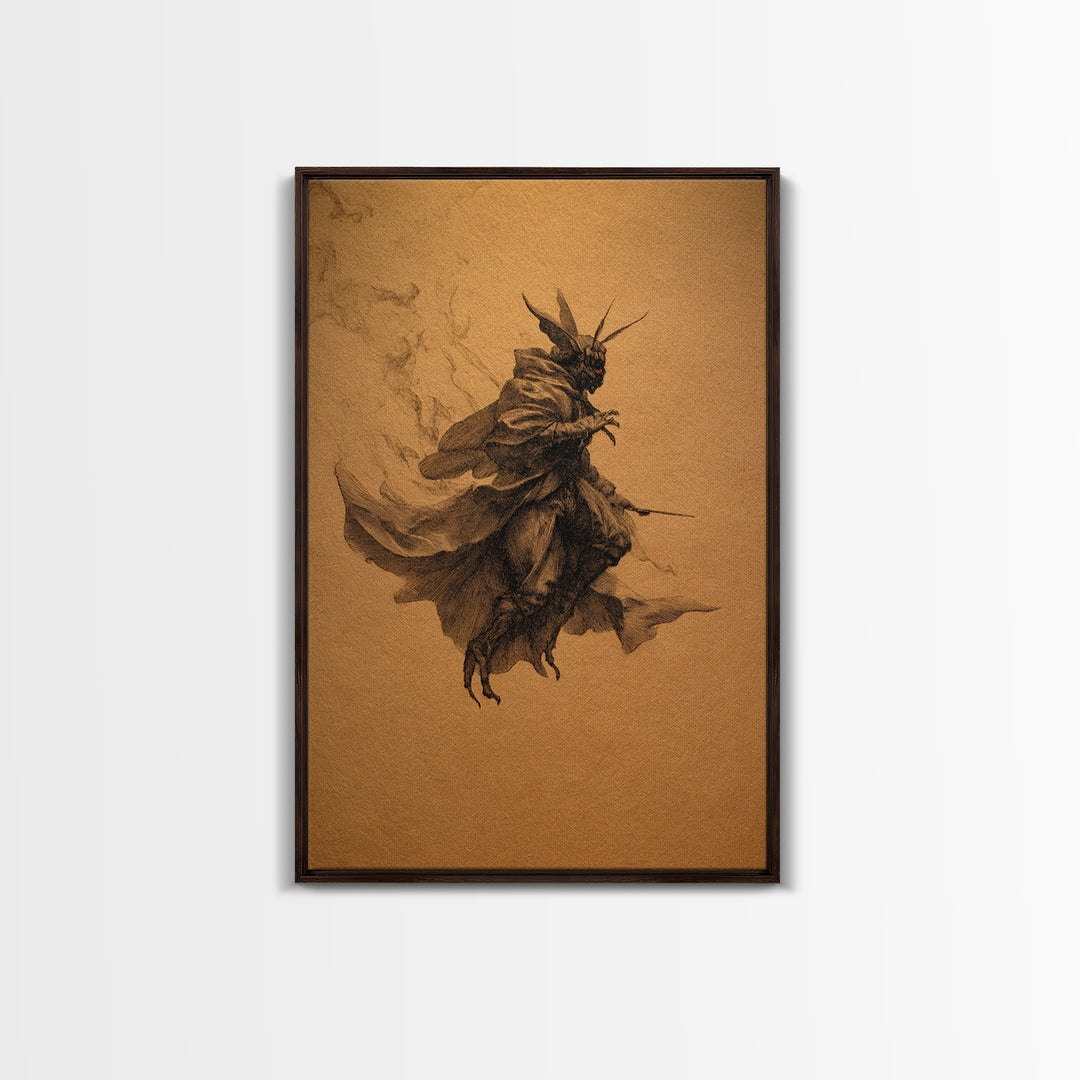 The Red-Eyed Moth Creature, Baroque Witchcraft Art, Vertical Wall Art, Dark Halloween Decor, Canvas Print, Halloween Wall Art