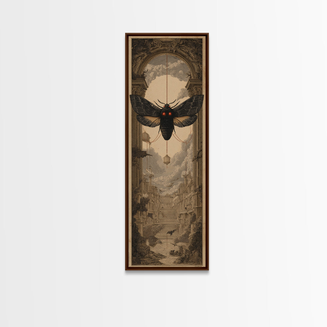 The Red-Eyed Moth Creature, Architectural Etching Art, Tall Narrow Wall Art, Macabre Wall Art, Canvas Print, Horror Wall Art