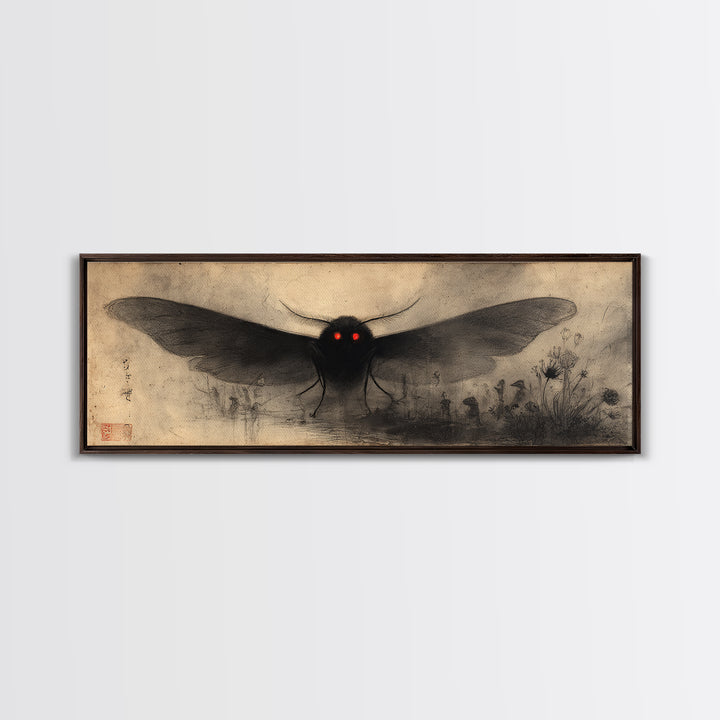The Red-Eyed Moth Creature, Symbolist Dream Art, Extra Wide Wall Art, Gothic Horror Wall Art, Framed Canvas Print, Halloween Wall Art
