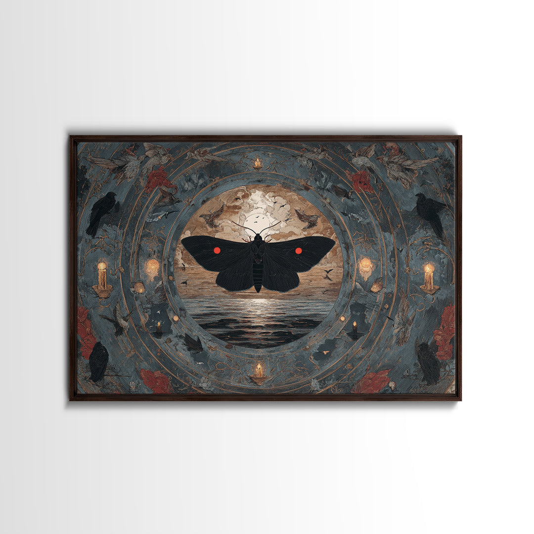 The Red-Eyed Moth Creature, Symbolist Gothic Landscape, Landscape Wall Art, Dark Halloween Decor, Framed Canvas Print, Halloween Wall Art