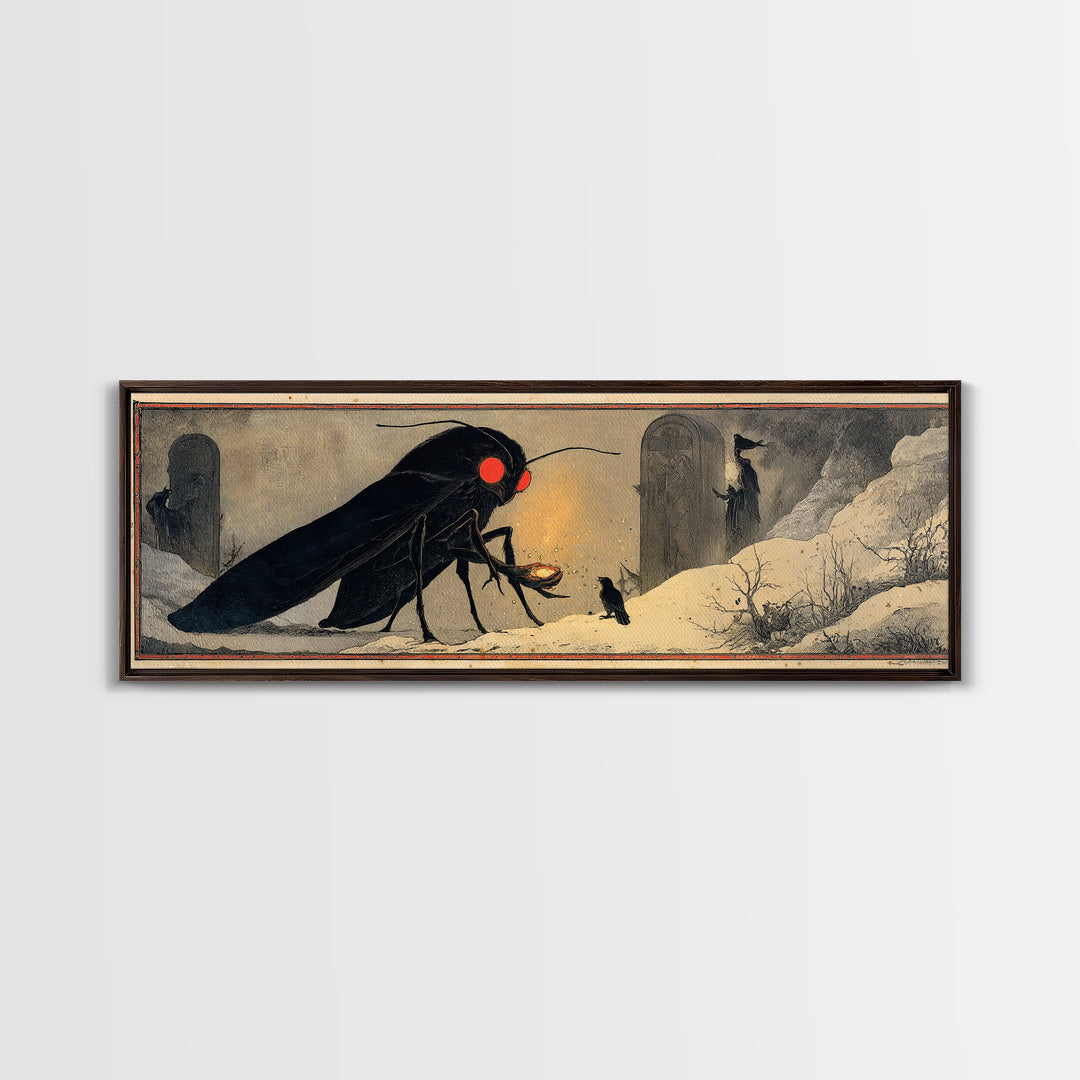 The Red-Eyed Moth Creature, Symbolist Death Art, Extra Wide Wall Art, Dark Fantasy Wall Art, Canvas Print, Halloween Wall Art