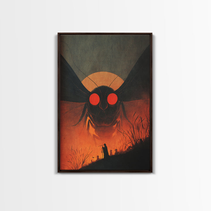 The Red-Eyed Moth Creature, Symbolist Etching Art, Vertical Wall Art, Dark Halloween Decor, Framed Canvas Print, Halloween Wall Art