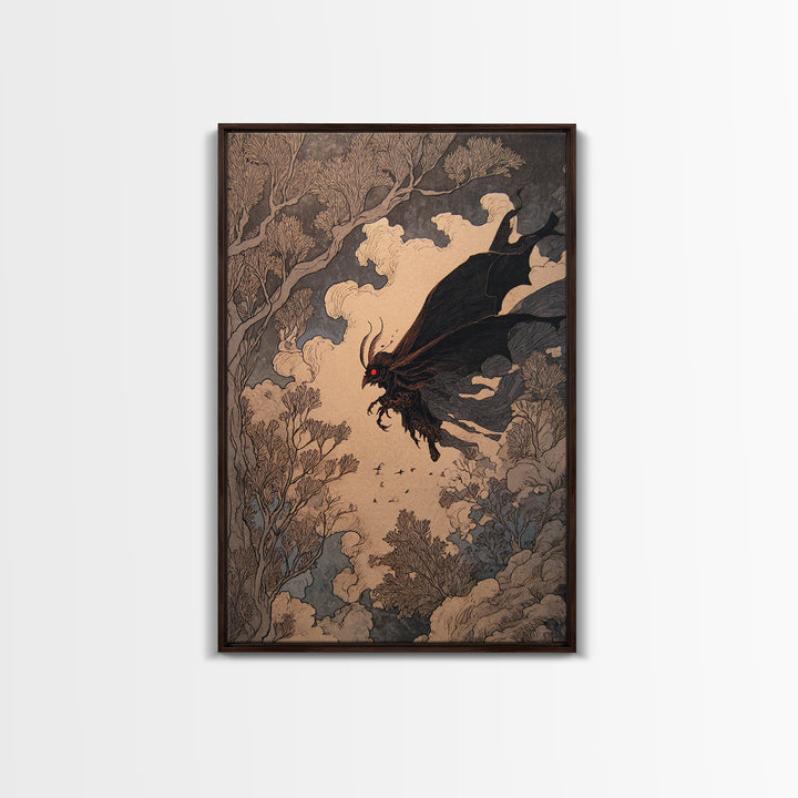The Red-Eyed Moth Creature, Gothic Storybook Art, Vertical Wall Art, Macabre Wall Art, Canvas Print, Halloween Wall Art
