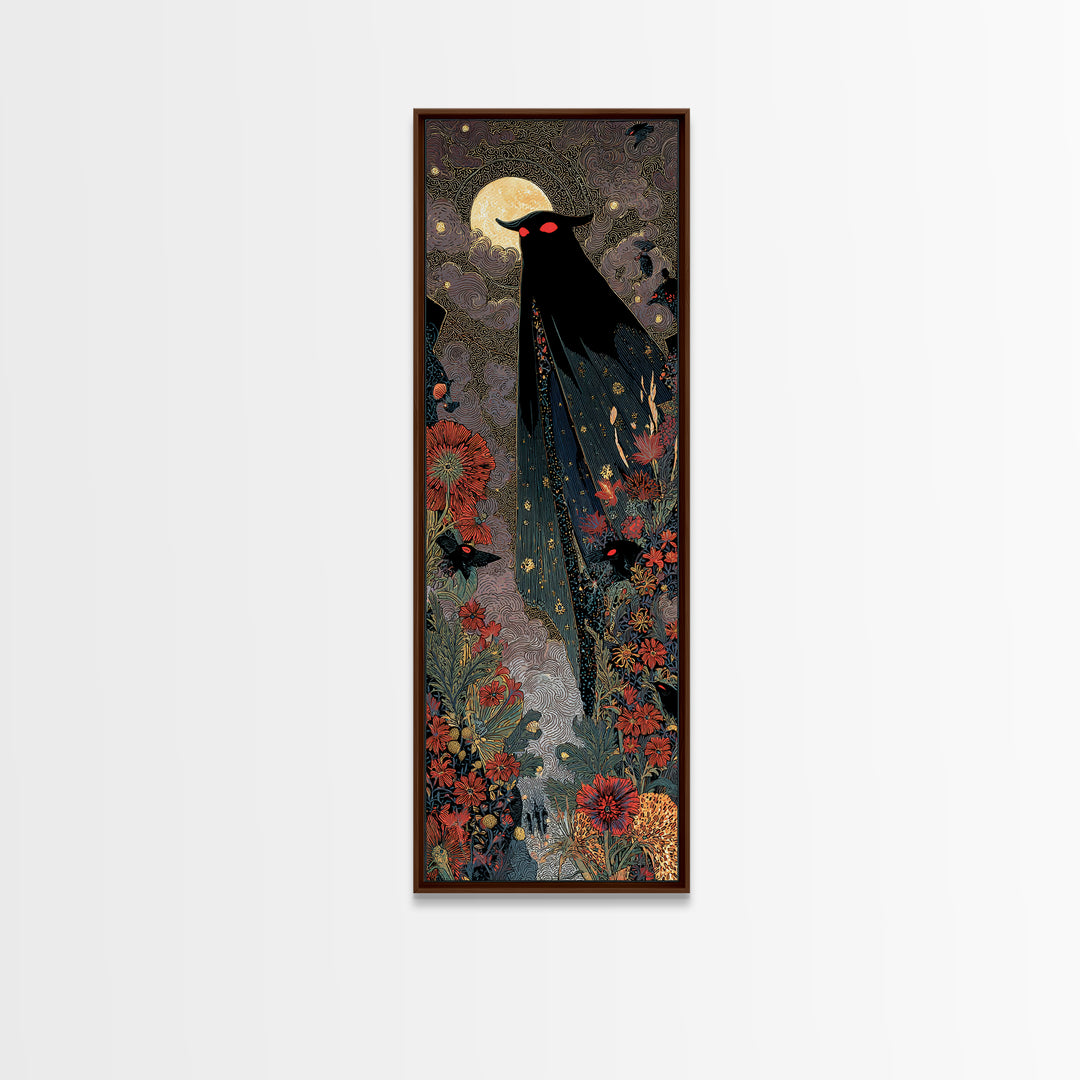 The Red-Eyed Moth Creature, Stained Glass Gothic Art, Tall Narrow Wall Art, Dark Halloween Decor, Framed Canvas Print, Halloween Wall Art