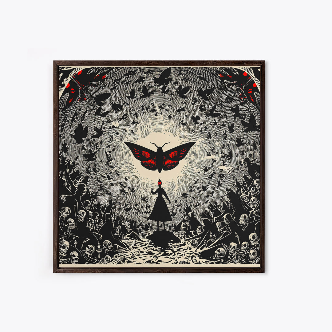 The Red-Eyed Moth Creature, Macabre Folk Print Art, Square Wall Art, Dark Halloween Decor, Canvas Print, Halloween Wall Art