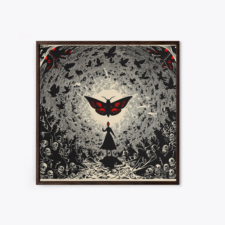 The Red-Eyed Moth Creature, Macabre Folk Print Art, Square Wall Art, Dark Halloween Decor, Canvas Print, Halloween Wall Art