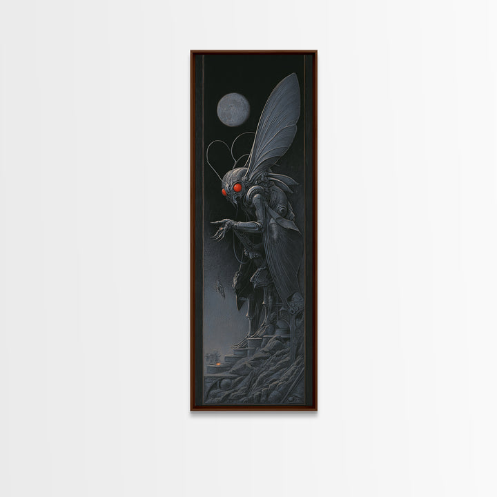 The Red-Eyed Moth Creature, Biomechanical Horror Art, Tall Narrow Wall Art, Macabre Wall Art, Canvas Print, Halloween Wall Art