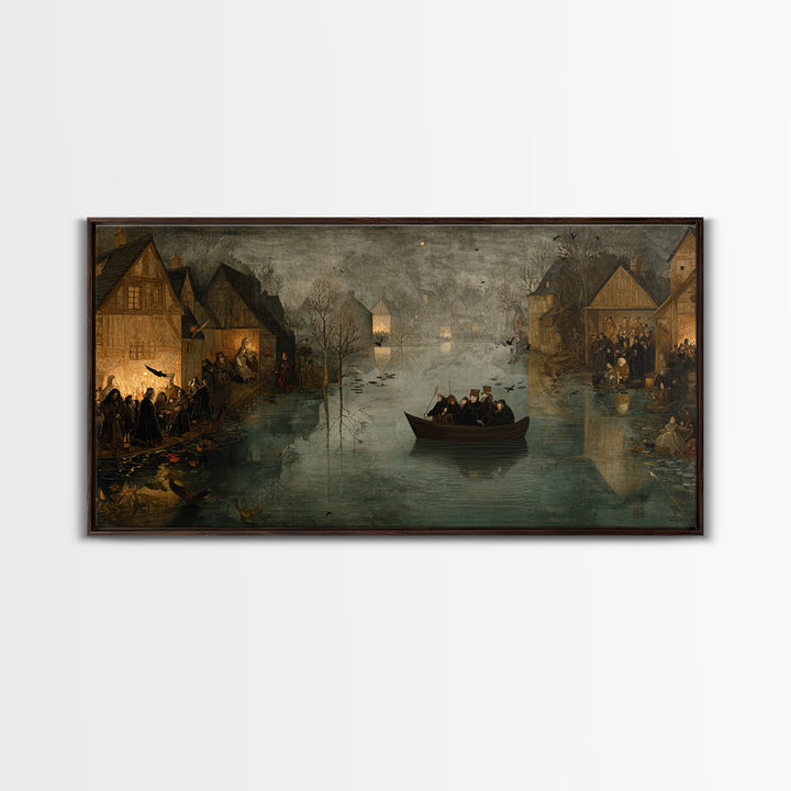 The Lake Phantom, Northern Renaissance Horror, Wide Panoramic Art, Dark Fantasy Wall Art, Framed Canvas Print, Halloween Wall Art