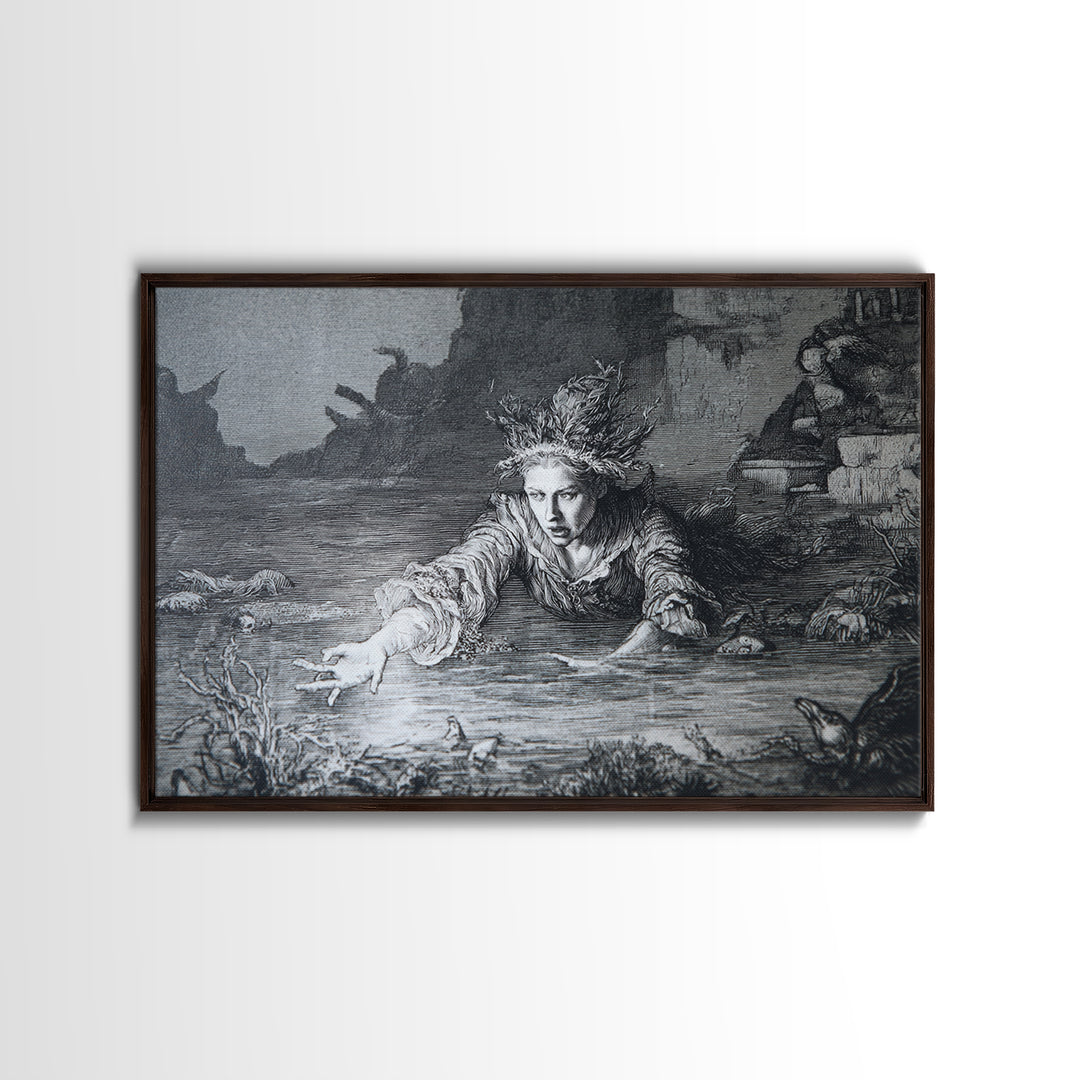The Lake Phantom, Renaissance Engraving Art, Landscape Wall Art, Macabre Wall Art, Canvas Print, Halloween Wall Art, Halloween Decor